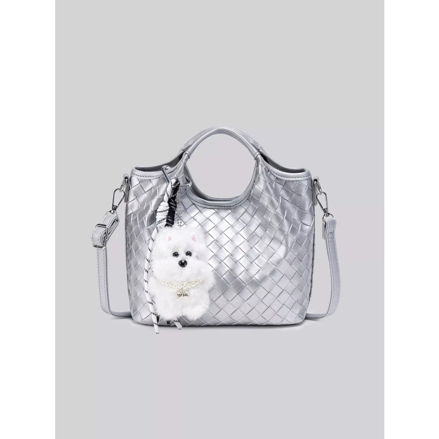 Metallic Woven Shoulder Bag with Cute Plush Bear Charm Silver / onesize Apparel and Accessories