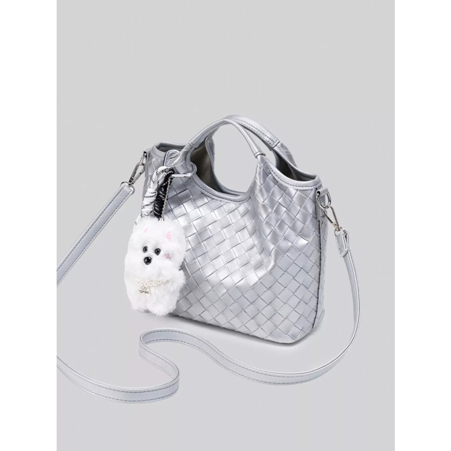 Metallic Woven Shoulder Bag with Cute Plush Bear Charm Silver / onesize Apparel and Accessories
