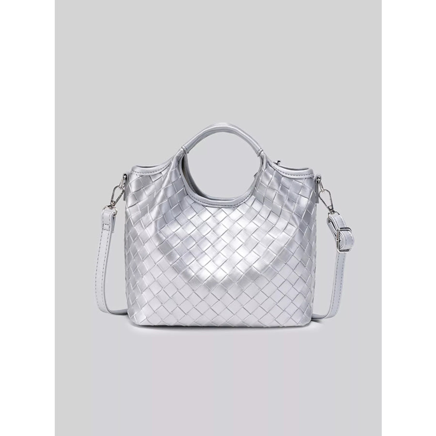 Metallic Woven Shoulder Bag with Cute Plush Bear Charm Silver / onesize Apparel and Accessories