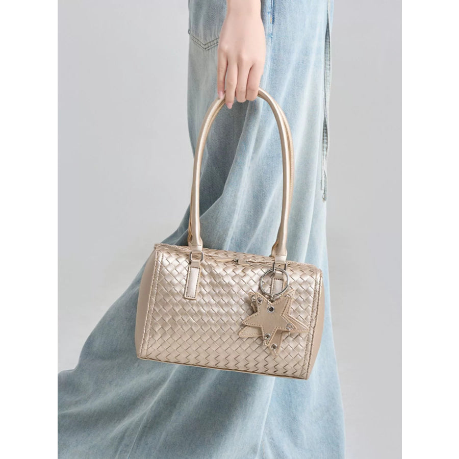 Metallic Woven Texture Shoulder Bag with Star Charm Champagne / One Size Apparel and Accessories