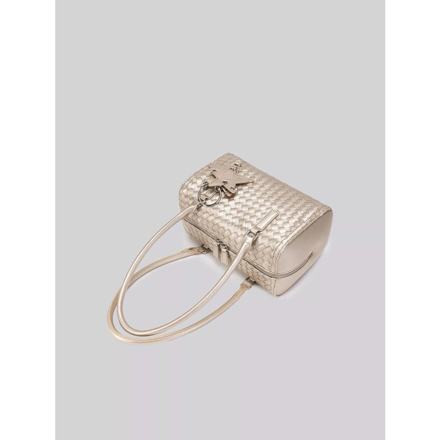 Metallic Woven Texture Shoulder Bag with Star Charm Champagne / One Size Apparel and Accessories