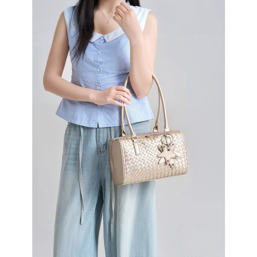 Metallic Woven Texture Shoulder Bag with Star Charm Champagne / One Size Apparel and Accessories