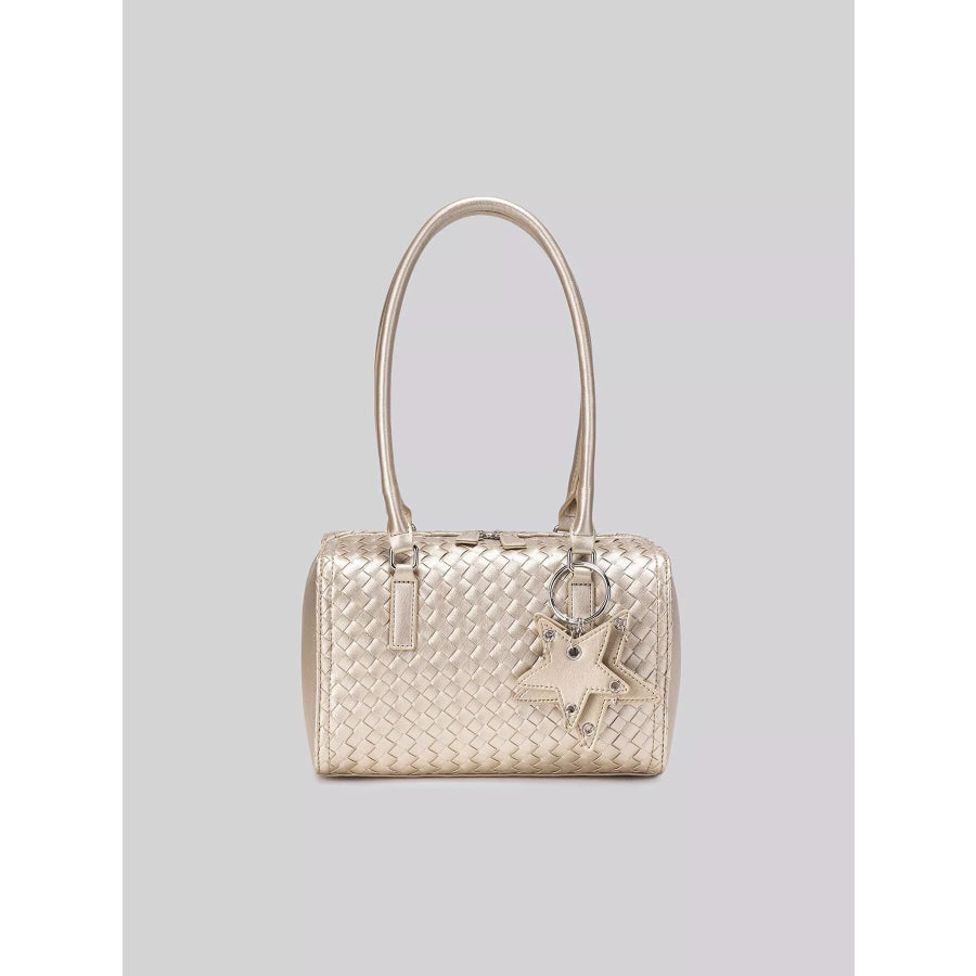 Metallic Woven Texture Shoulder Bag with Star Charm Champagne / One Size Apparel and Accessories