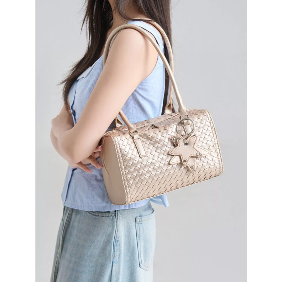 Metallic Woven Texture Shoulder Bag with Star Charm Champagne / One Size Apparel and Accessories