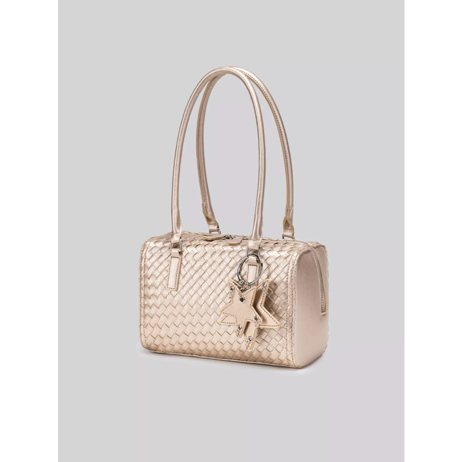 Metallic Woven Texture Shoulder Bag with Star Charm Champagne / One Size Apparel and Accessories