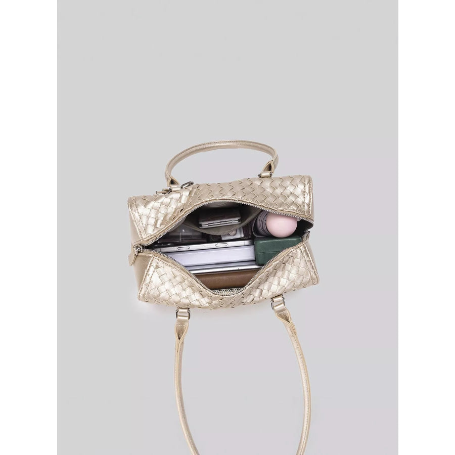 Metallic Woven Texture Shoulder Bag with Star Charm Champagne / One Size Apparel and Accessories