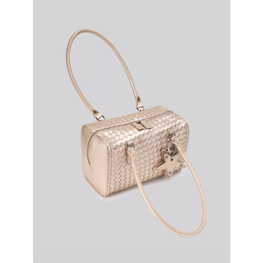 Metallic Woven Texture Shoulder Bag with Star Charm Champagne / One Size Apparel and Accessories