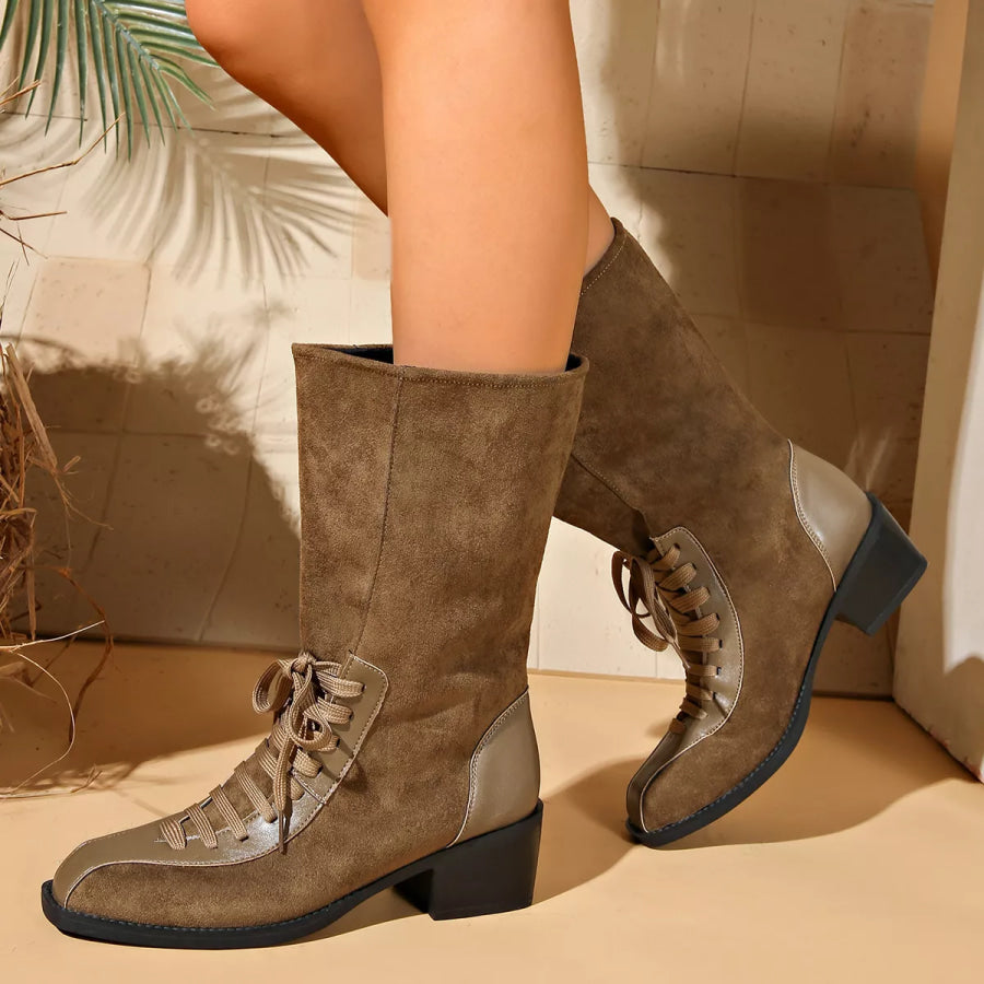 Mid-Calf Block Heel Boots Khaki / 36 Apparel and Accessories
