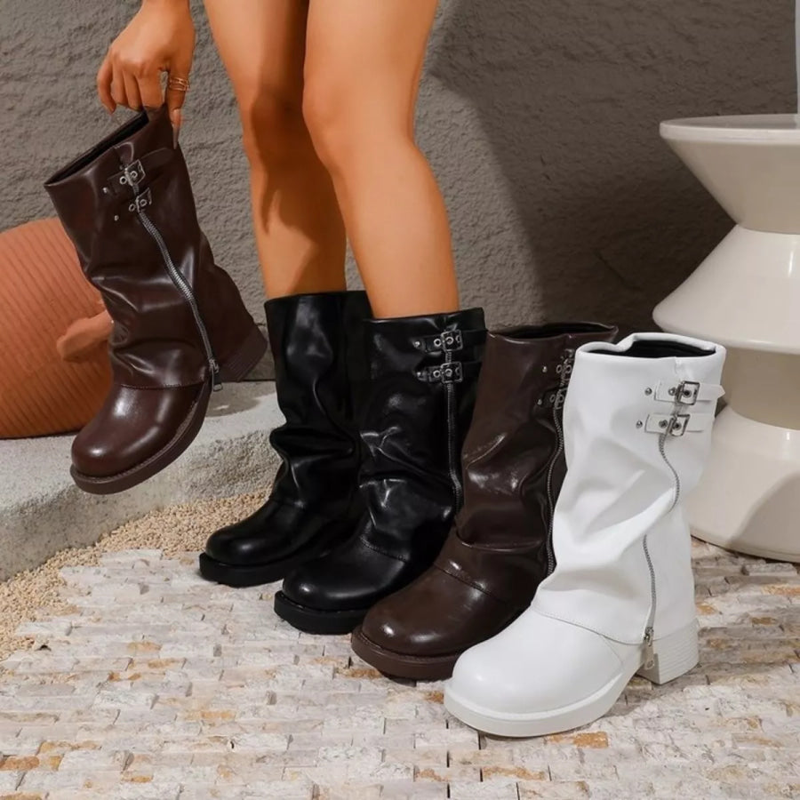 Mid-Calf Slouchy Buckle Boots Apparel and Accessories