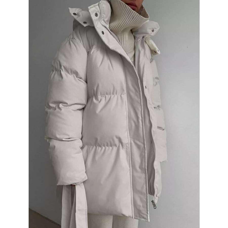 Mid-Length Thickened Hooded Winter Coat with Belted Apparel and Accessories
