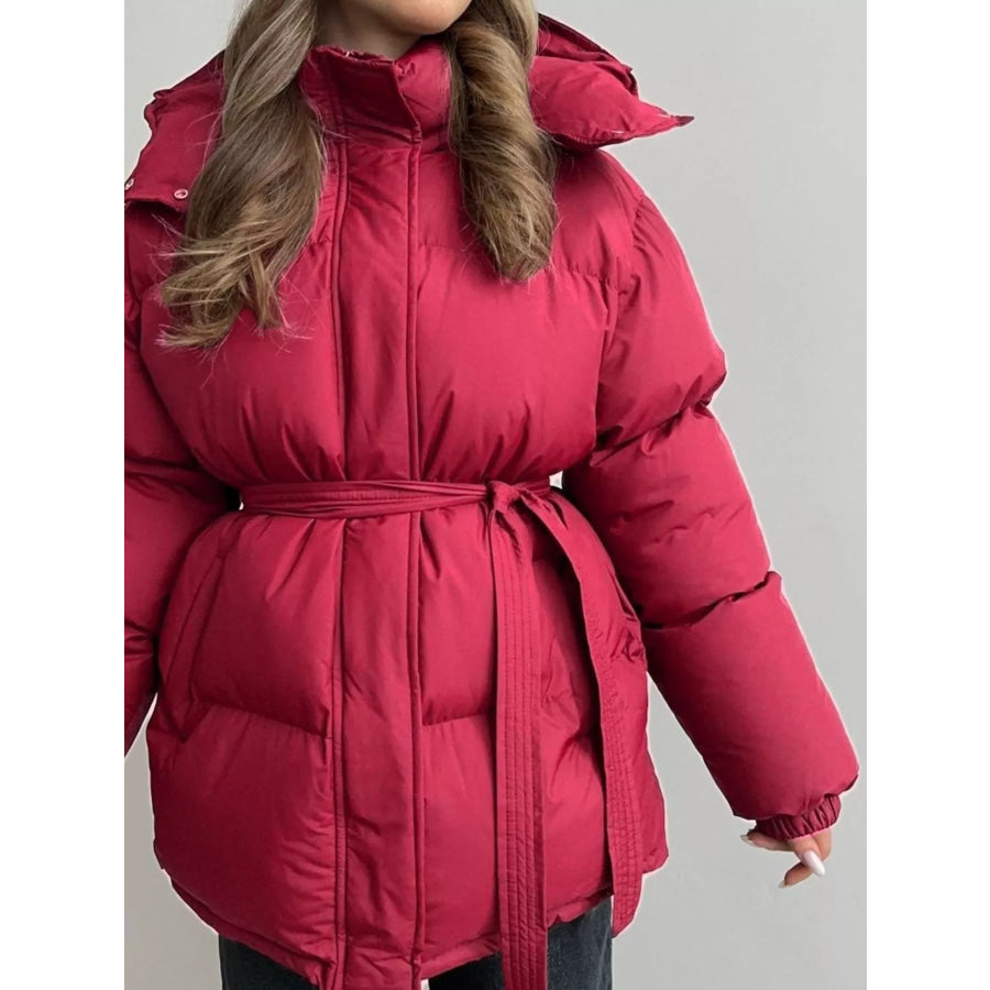 Mid-Length Thickened Hooded Winter Coat with Belted Apparel and Accessories