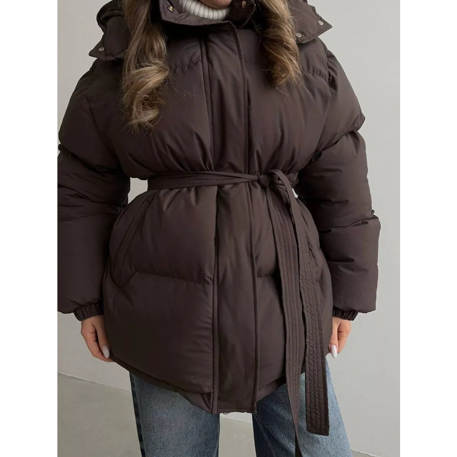 Mid-Length Thickened Hooded Winter Coat with Belted Apparel and Accessories