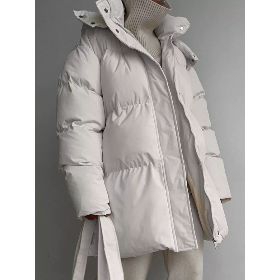 Mid-Length Thickened Hooded Winter Coat with Belted Apparel and Accessories