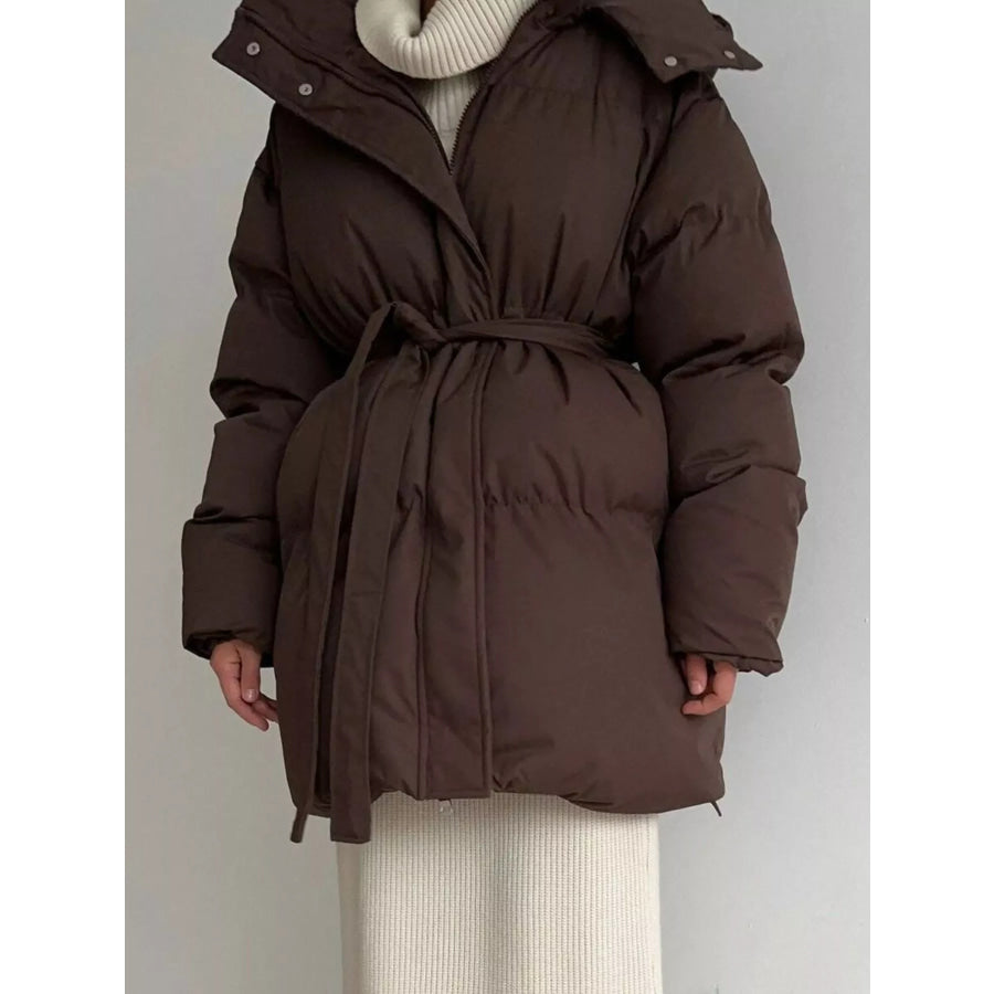 Mid-Length Thickened Hooded Winter Coat with Belted Apparel and Accessories