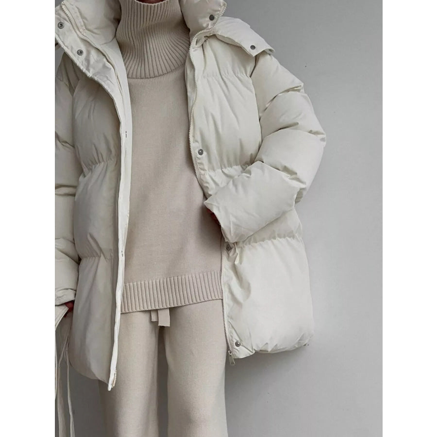 Mid-Length Thickened Hooded Winter Coat with Belted Apparel and Accessories