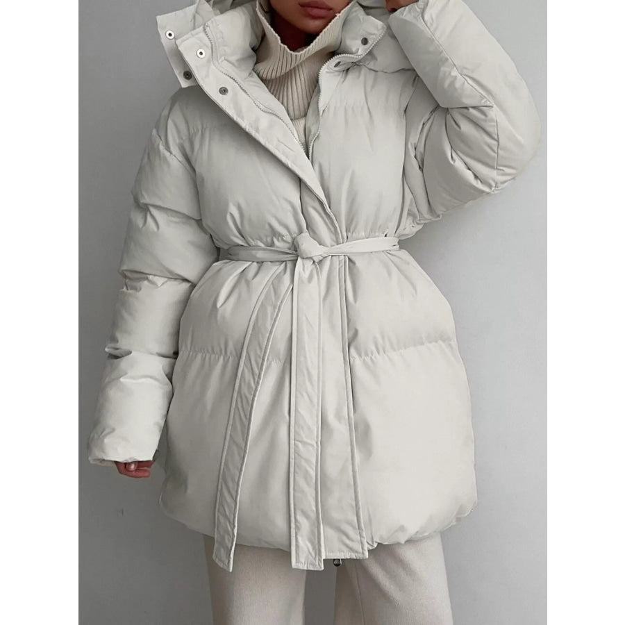 Mid-Length Thickened Hooded Winter Coat with Belted Apparel and Accessories