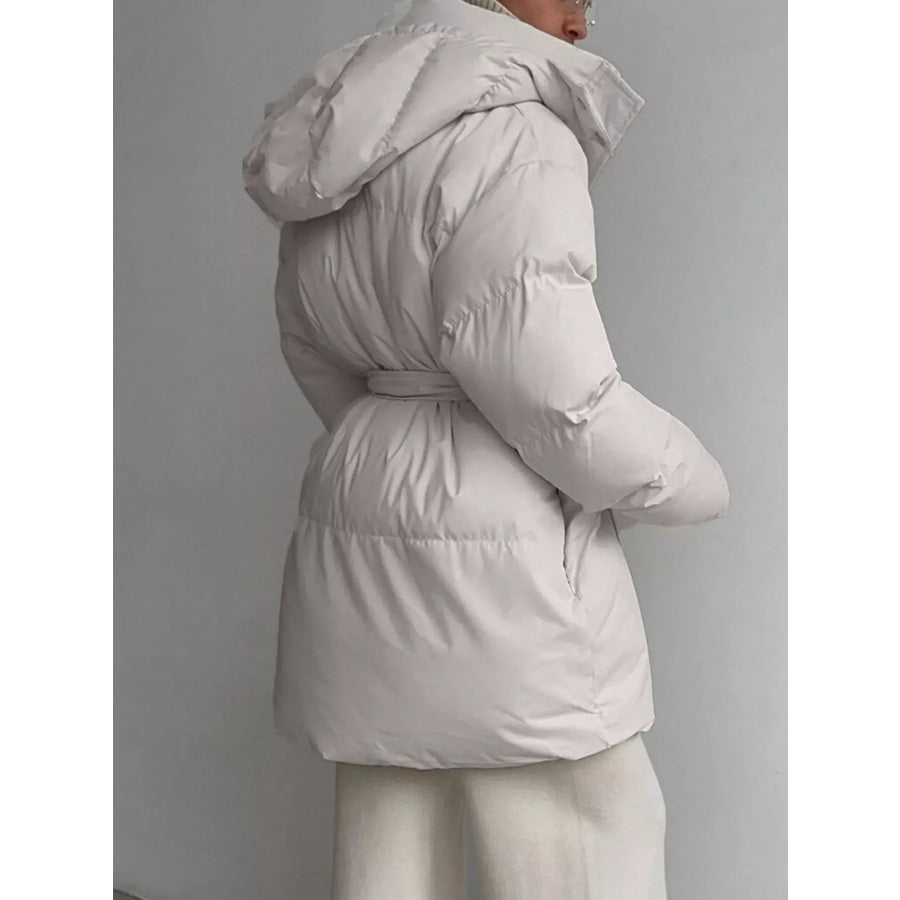 Mid-Length Thickened Hooded Winter Coat with Belted Apparel and Accessories