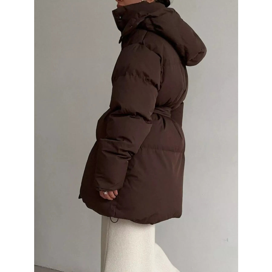 Mid-Length Thickened Hooded Winter Coat with Belted Apparel and Accessories