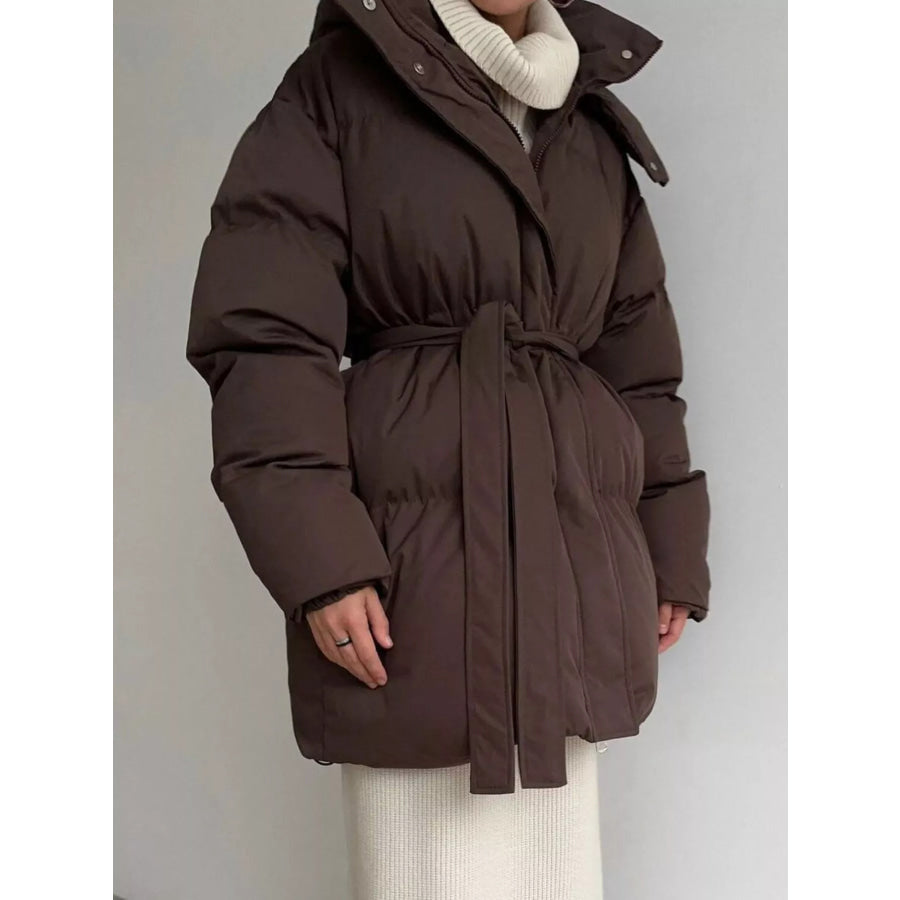 Mid-Length Thickened Hooded Winter Coat with Belted Apparel and Accessories