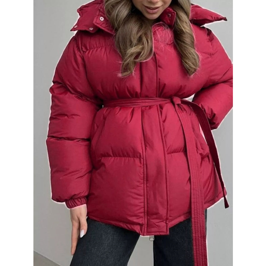 Mid-Length Thickened Hooded Winter Coat with Belted Burgundy / S Apparel and Accessories