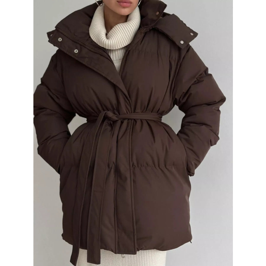 Mid-Length Thickened Hooded Winter Coat with Belted Dark Brown / S Apparel and Accessories
