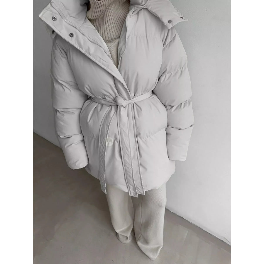 Mid-Length Thickened Hooded Winter Coat with Belted Ivory White / S Apparel and Accessories