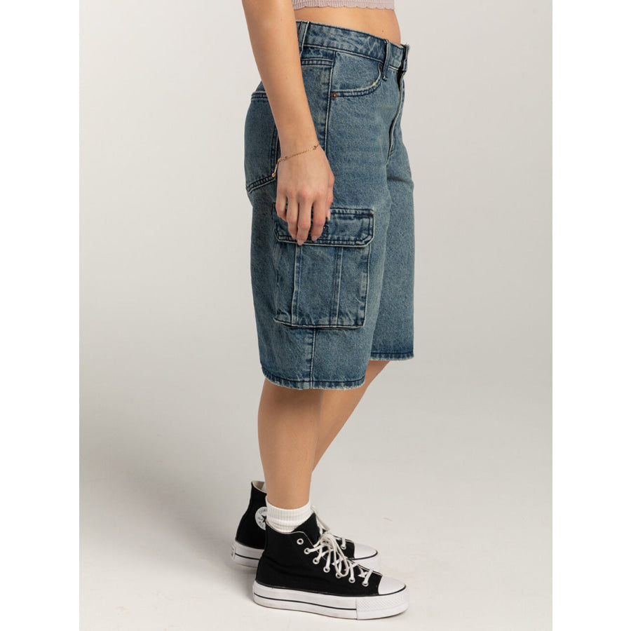 Mid-Rise Waist Denim Shorts with Pockets Apparel and Accessories