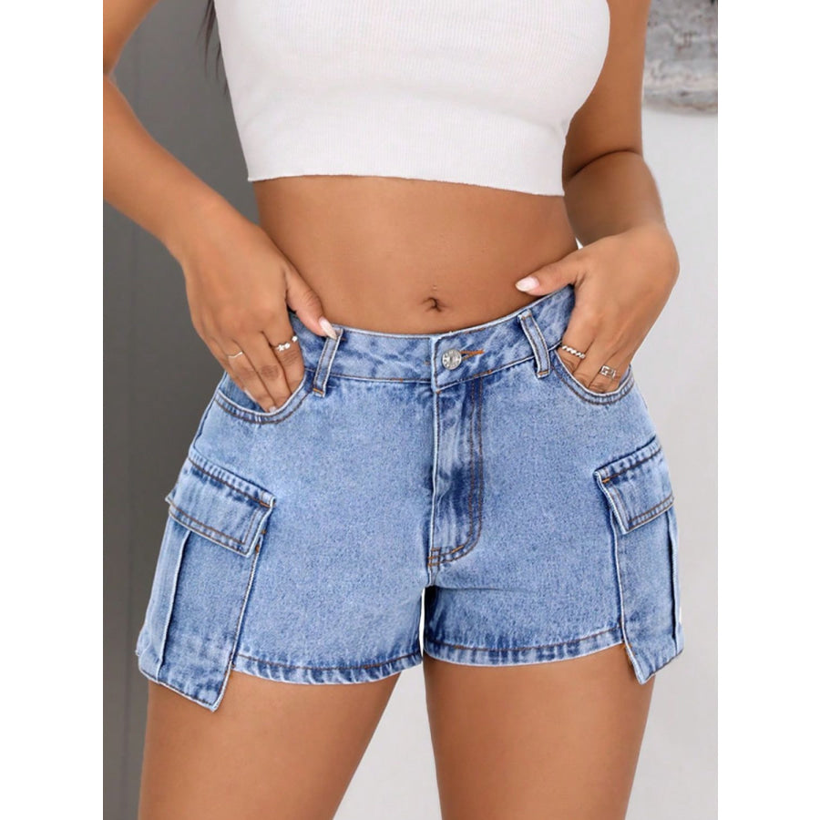 Mid-Rise Waist Denim Shorts with Pockets Apparel and Accessories