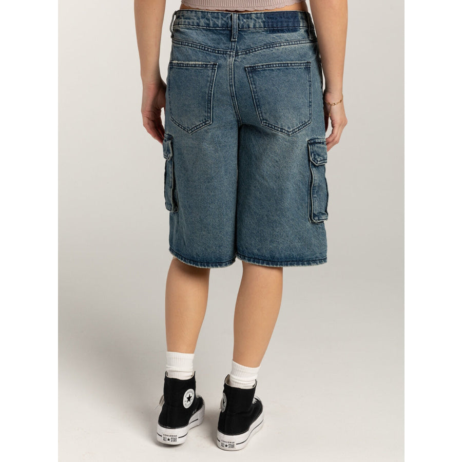 Mid-Rise Waist Denim Shorts with Pockets Apparel and Accessories