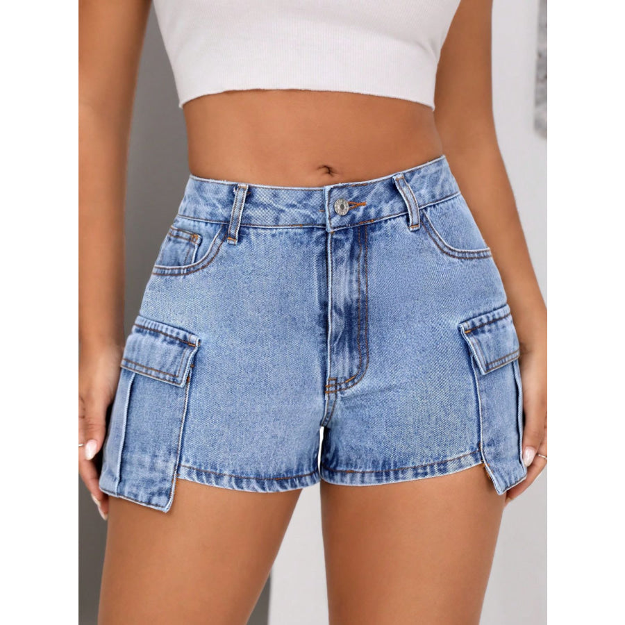 Mid-Rise Waist Denim Shorts with Pockets Apparel and Accessories