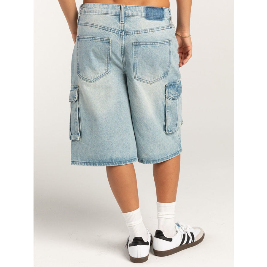 Mid-Rise Waist Denim Shorts with Pockets Apparel and Accessories