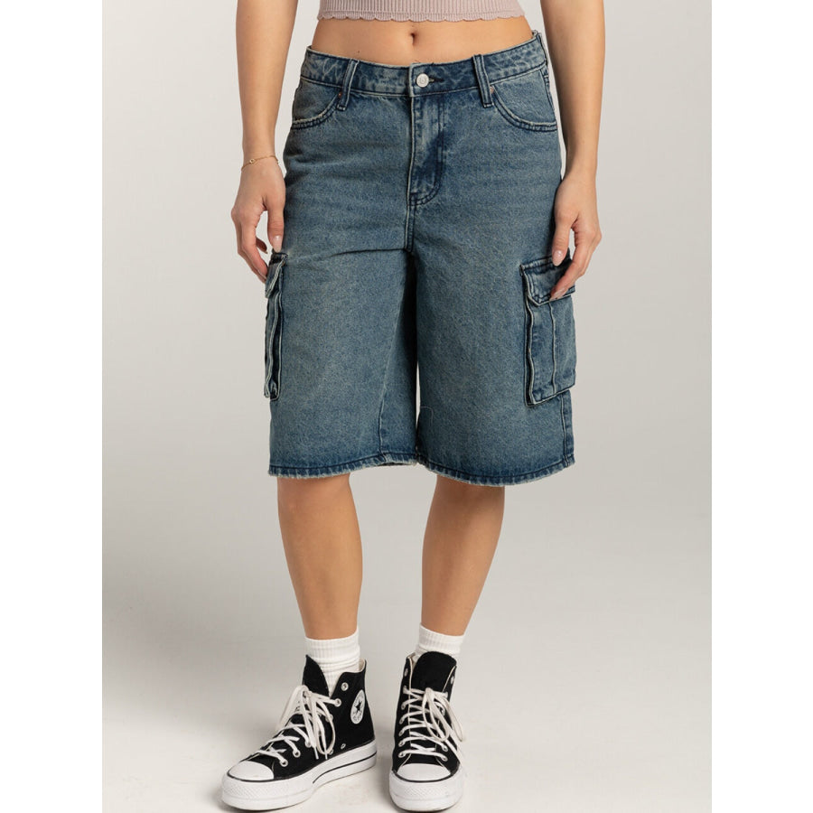 Mid-Rise Waist Denim Shorts with Pockets French Blue / S Apparel and Accessories