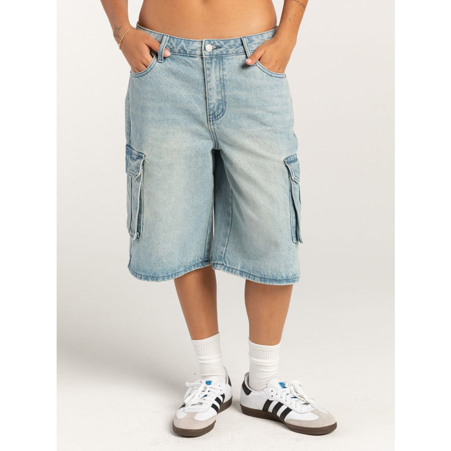 Mid-Rise Waist Denim Shorts with Pockets Light Blue / S Apparel and Accessories