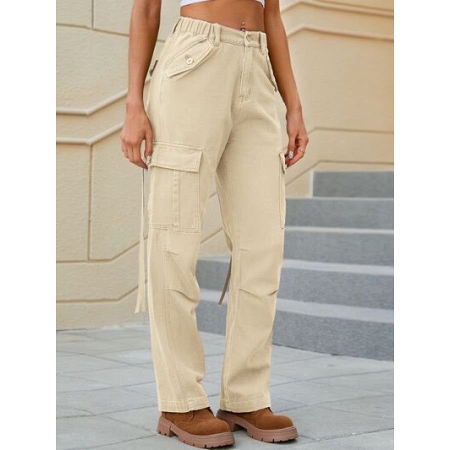 Mid - Rise Waist Straight Jeans with Pockets Sand / S Apparel and Accessories