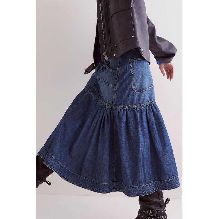 Midi Denim Skirt with Pockets Apparel and Accessories