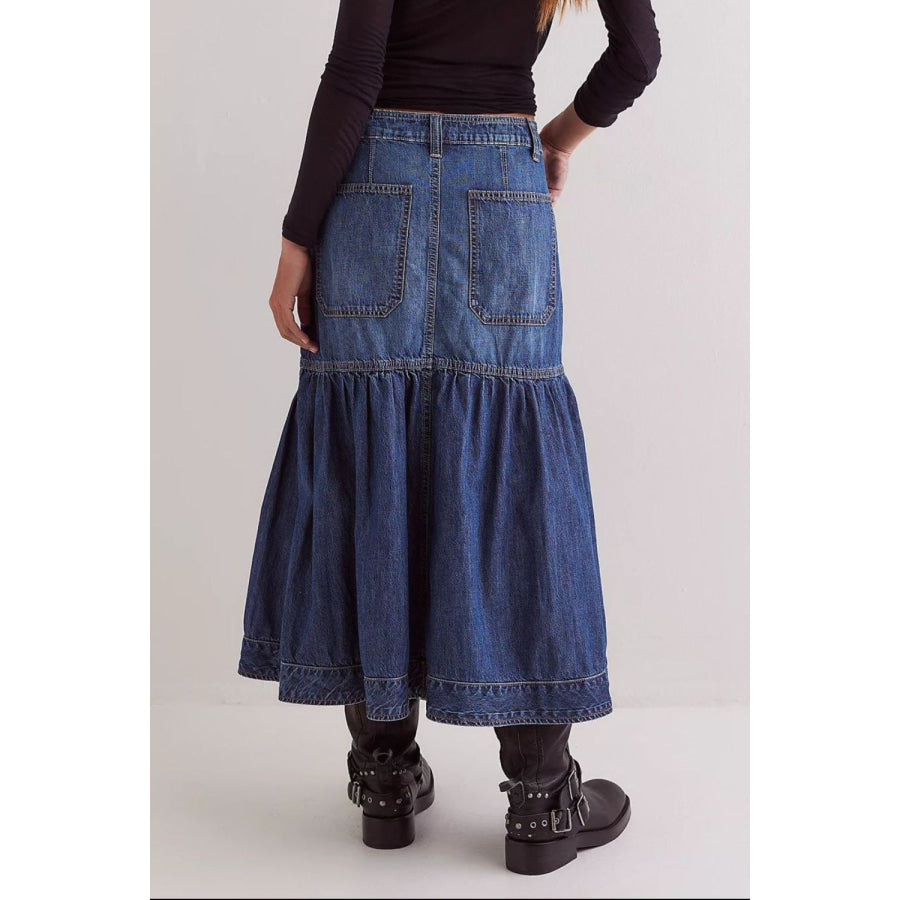 Midi Denim Skirt with Pockets Apparel and Accessories