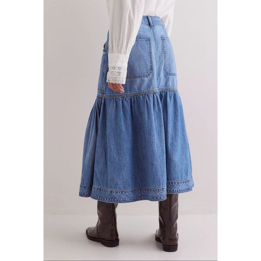 Midi Denim Skirt with Pockets Apparel and Accessories