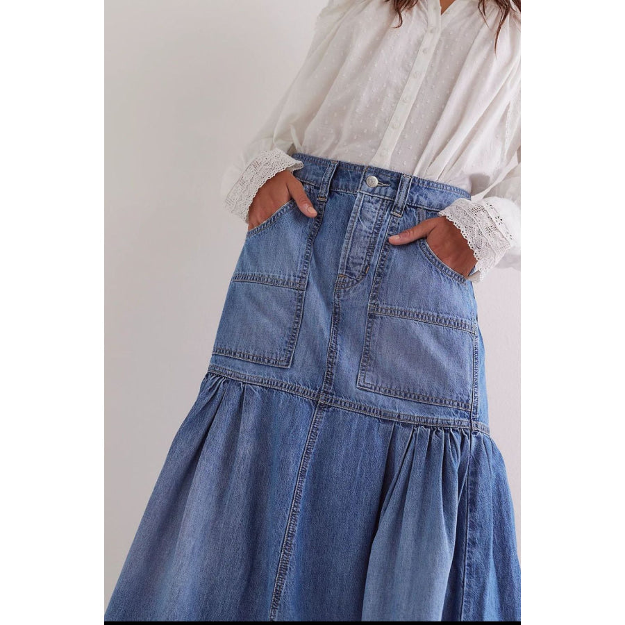 Midi Denim Skirt with Pockets Apparel and Accessories