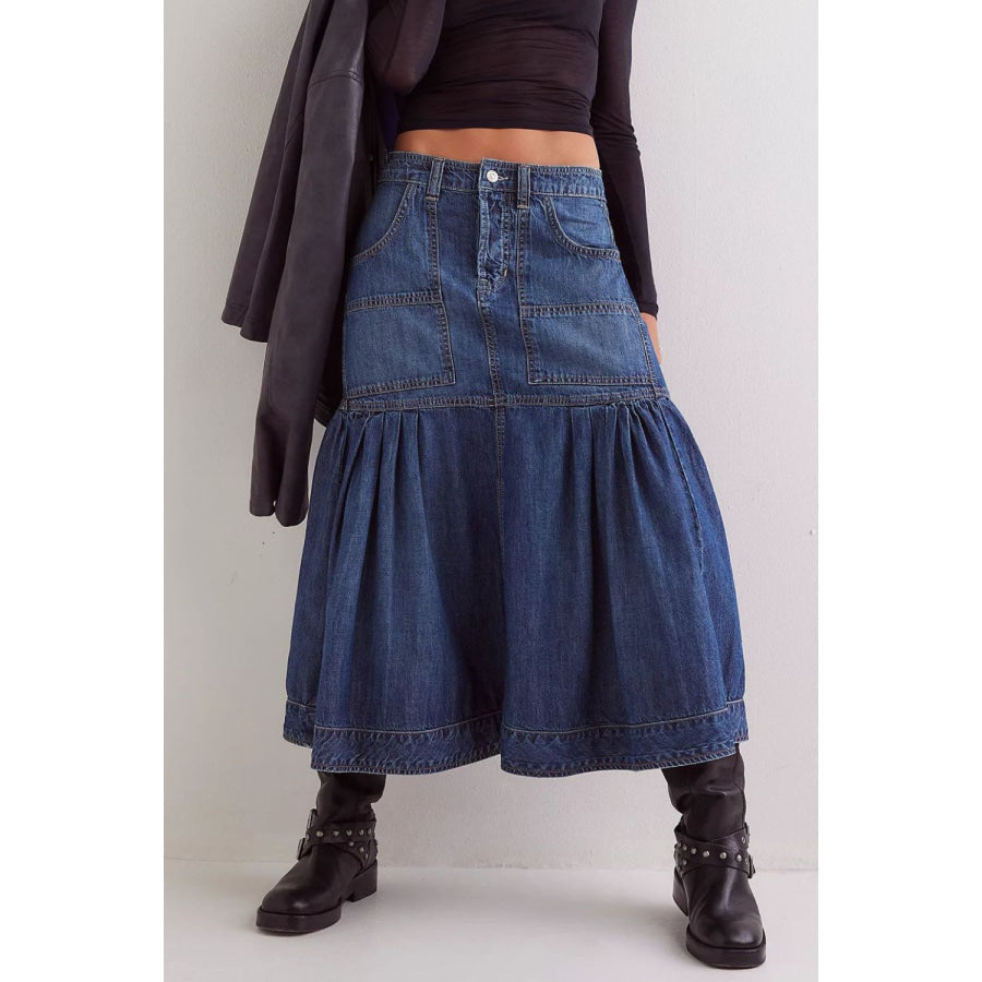 Midi Denim Skirt with Pockets Dark / S Apparel and Accessories