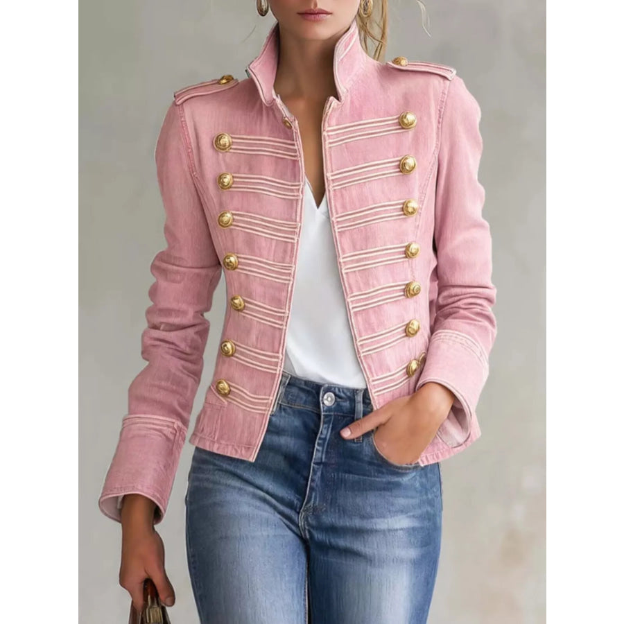 Military-Inspired Denim Jacket with Gold Button Detailing Dusty Pink / S