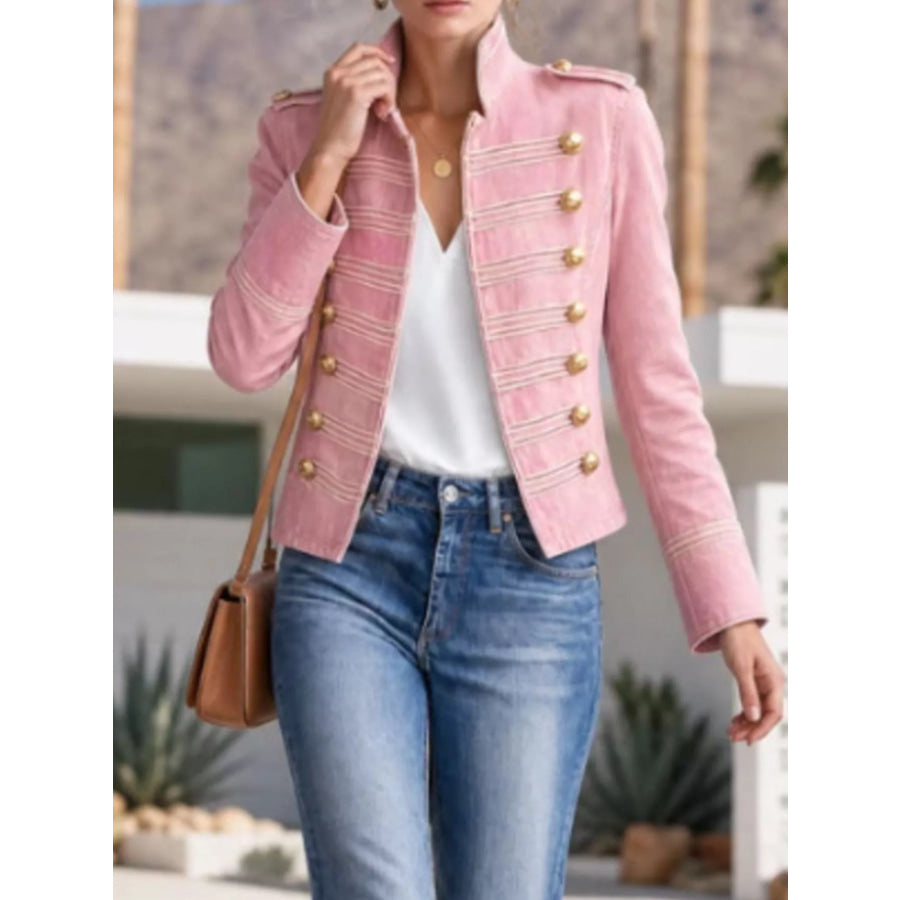 Military-Inspired Denim Jacket with Gold Button Detailing Dusty Pink / S
