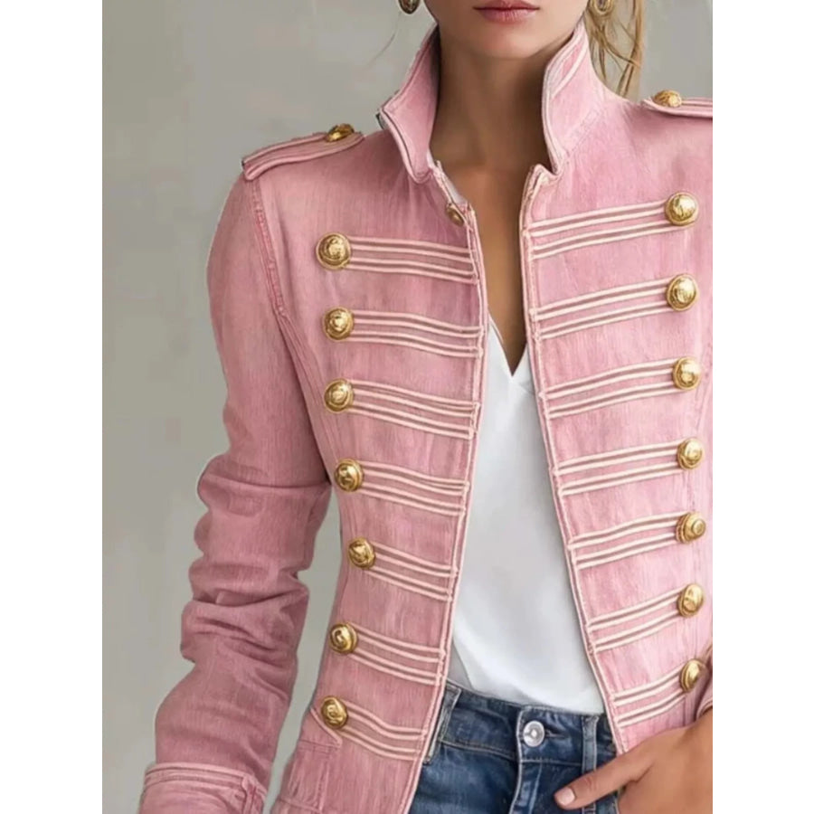 Military-Inspired Denim Jacket with Gold Button Detailing