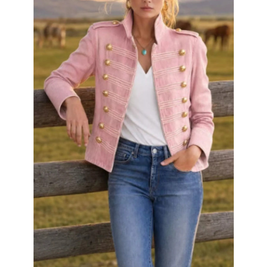 Military-Inspired Denim Jacket with Gold Button Detailing