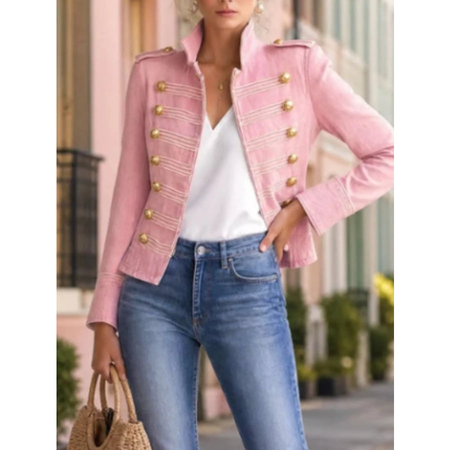 Military-Inspired Denim Jacket with Gold Button Detailing