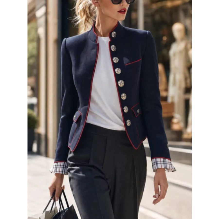 Military-Inspired Stand Collar Jacket with Red Piping Dark Navy / S