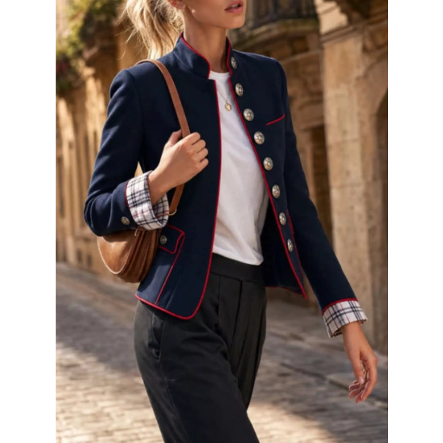 Military-Inspired Stand Collar Jacket with Red Piping