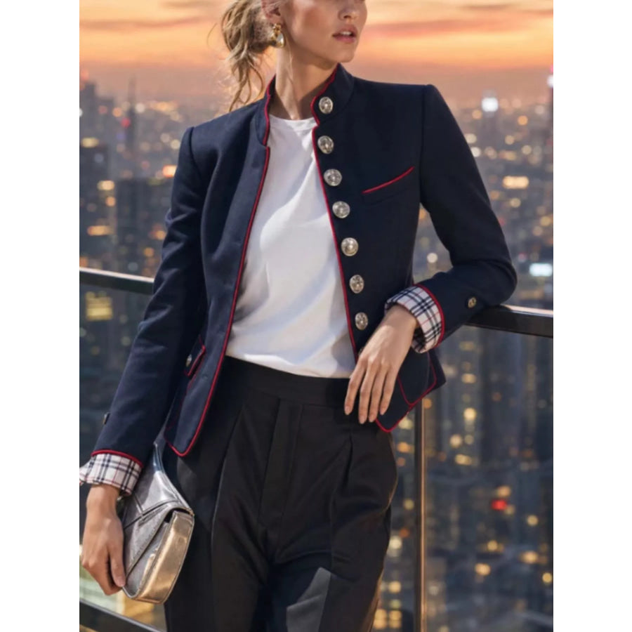 Military-Inspired Stand Collar Jacket with Red Piping