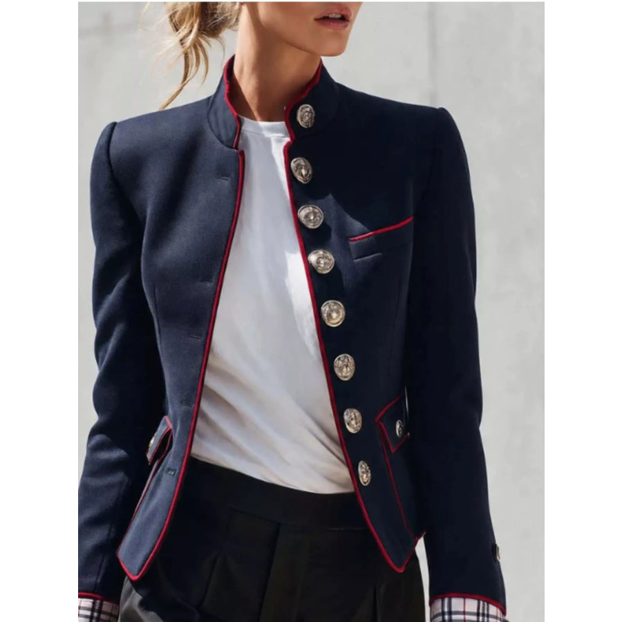 Military-Inspired Stand Collar Jacket with Red Piping