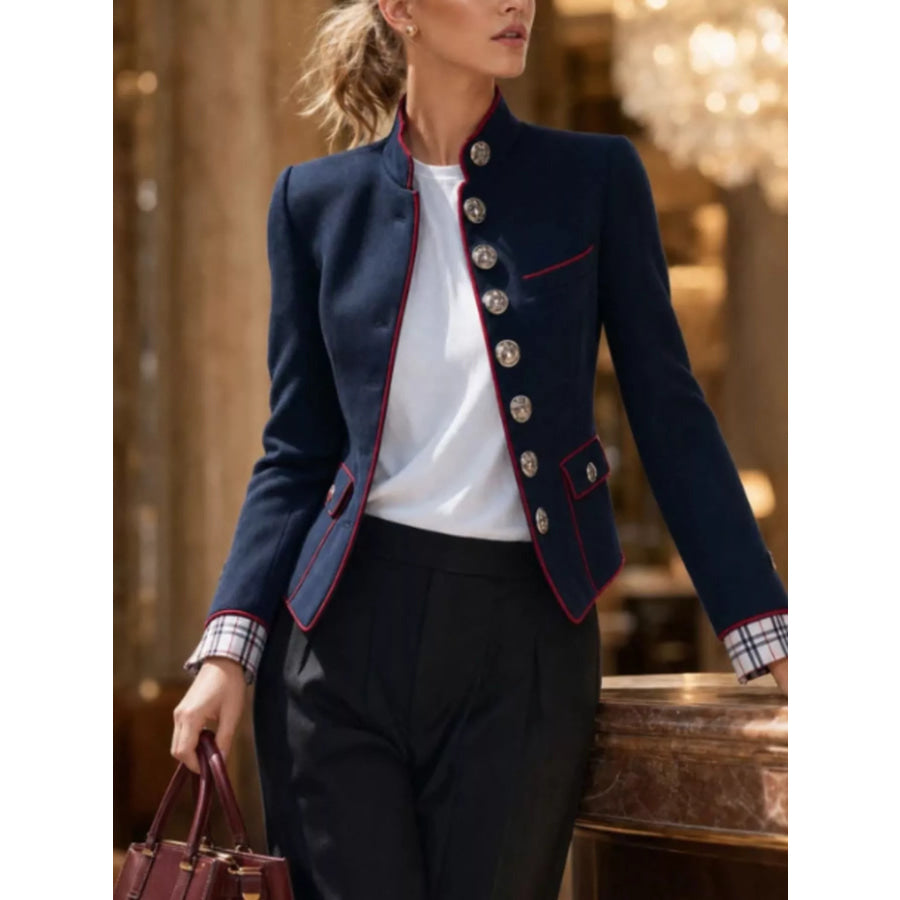 Military-Inspired Stand Collar Jacket with Red Piping
