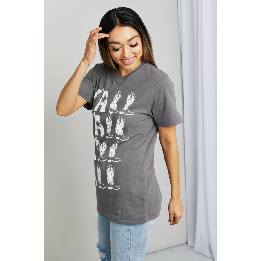 mineB Full Size Y’ALL Cowboy Boots Graphic Tee Charcoal / S